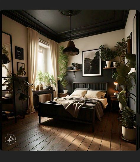 #house decor #kitchen ideas #house ideas #homes #houses #home ideas #dream house decor #apartment decorating #design your dream house #small living room ideas Masculine Boho, Modern Rustic Bedrooms, Moody Bedroom Ideas, Personal Retreat, Moody Bedroom, Dark Home Decor, Dark Walls, Wood Tones, Room Makeover Bedroom