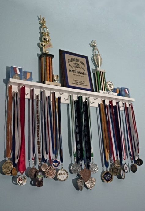 Shelf With Pegs, Johnny Kavanagh, Basketball Trophies, Running Medal Holder, Trophy Shelf, Running Medals, Sports Medals, Award Display, Medal Holders