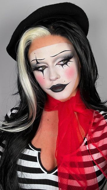 Mime Eye Makeup, Aesthetic Mime Makeup, Halloween Costumes Mime, Halloween Mime Costume, Sweet Clown Makeup, Glam Clown Costume, Mime Halloween Costume Women, Mime Halloween Makeup, Mime Costume Halloween