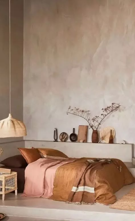 Fun Home Office Ideas For Women, Limewash Bookshelf, Limewash Gallery Wall, Cozy Wall Painting Ideas, Orange Limewash Walls, French Aesthetic Bedroom, Terra Cotta Bedroom, Limewash Bedroom, Limewash Walls