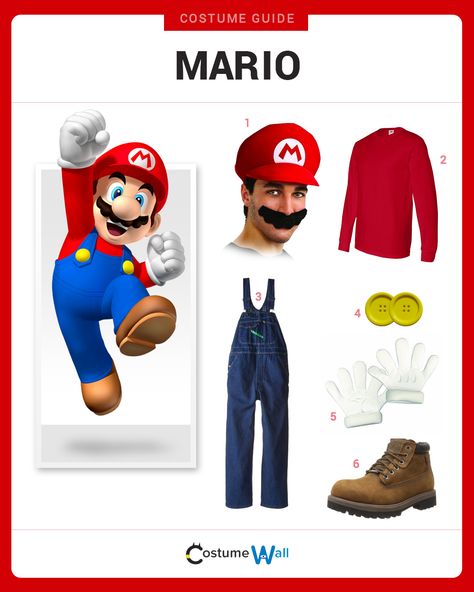 Dress Like Mario from the popular video game, Super Mario Bros. See additional costumes and cosplays of Mario and his Brother, Luigi. Mario Costume Diy, Mario Outfit, Super Mario Bros Costumes, Mario Brothers Costumes, Luigi Halloween Costume, Mario Bros Costume, Mario Dress, Mario Halloween Costumes, Super Mario Costumes