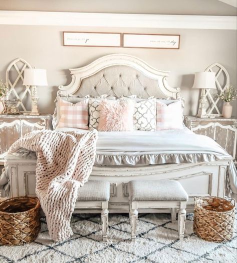 Master Bedrooms Decor Shabby Chic, Neutral Shabby Chic Bedroom, Bedroom Inspirations Master Shabby Chic, Bedroom Decor Country Chic, Bedrooms With Blush Accents, Light Pink Farmhouse Bedroom, Modern Farmhouse Bedroom Master Suite French Country, Pink And Grey Farmhouse Bedroom, Shabby Chic Master Bed