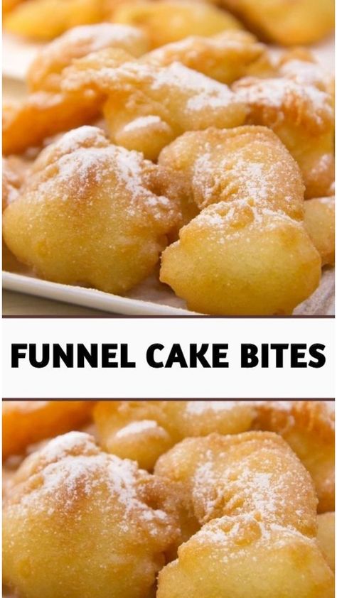 Funnel Cakes Recipe Easy, Funnel Cake Bites Easy, Funnel Cake Bites Recipe, Cake Bites Recipe, Carnival Eats, Funnel Cake Recipe Easy, Funnel Cake Bites, Funnel Cake Fries, Homemade Funnel Cake