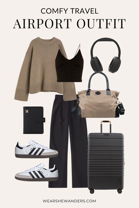 Comfy Travel Outfits to Wear to the Airport and Beyond — Wear She Wanders Athleisure Outfits Travel, Clothes For Traveling Airplane, Airport Outfit Inspo Comfy, Outfit For Trip Travel Fashion, Woman Airport Outfit, Casual Airport Outfit Summer Travel Wear, Business Casual Airport Outfit, Casual Airport Looks Women, Airport Outfit 2024