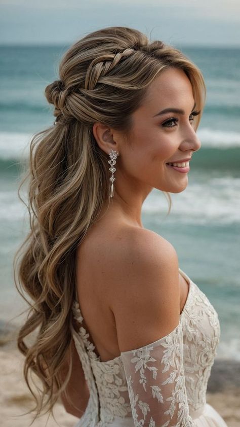 Hairstyles Medium Hair Wedding, All Down Wedding Hair Medium Length, Hairstyle Medium Length Wedding, Straight Hair Hairstyles Wedding, Medium Wedding Hairstyles Half Up, Half Up Half Down Wedding Hair Medium, Wedding Hair Half Up Half Down Braid, Beach Wedding Hair Half Up, Wedding Hair Styles Half Up