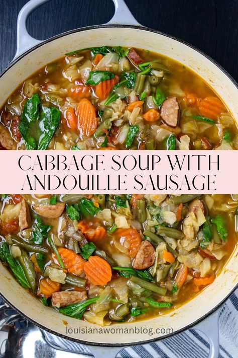 Cajun Vegetable Soup, Cabbage Soup Sausage, Sausage Stars, Pizza Soup Recipe, Classic Cajun Recipes, Andouille Sausage Recipes, Etouffee Recipe, Louisiana Woman, Sausage Soup Recipes