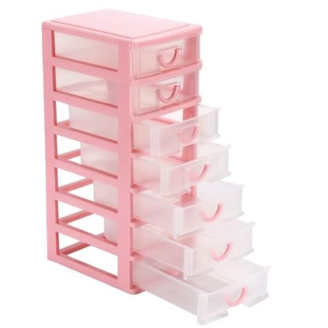 Rempry Mini Plastic Organizer with 7 Clear Drawers, 7.1"x5.1"x13.2" Small Storage Drawers Containers for Desk, Counters, Cabinets, Pink Cute Work Desk, Small Work Desk, White Desk Decor, Goth Apartment, Crafting Area, Clear Drawers, Organization Supplies, Pink Office Supplies, Organized Desk