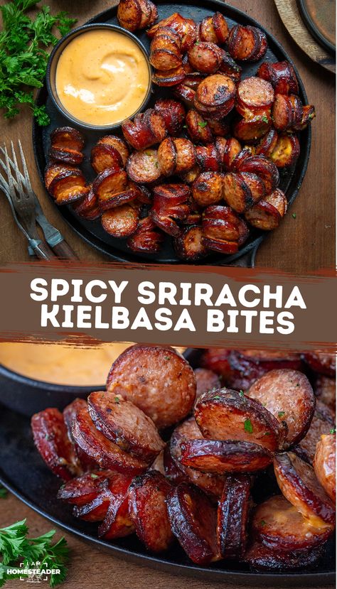 Spicy Sriracha Hasselback Kielbasa Bites are bite-sized pieces of kielbasa cut in a Hasselback style to hold creamy, tangy, and spicy Sriracha mayo. They’re easily cooked in an air fryer until crispy, but you can also use the oven. Perfect as a snack or appetizer, these bites are sure to be a hit at all your parties and game-day gatherings! Slow Cooker Spicy Sriracha Kielbasa Bites, Spicy Kielbasa Recipes, Keilbasa Recipes Low Carb, Polish Sausage Appetizers, Host Snacks, Hasselback Kielbasa, Spicy Sausage Recipes, Kielbasa Appetizer, Hot Spicy Food