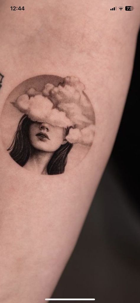 Tattoo To Fill In Sleeve, Mind Growth Tattoo, Realism Clouds Tattoo, Shattered Face Tattoo, Distorted Face Tattoo, Unique Space Tattoos, Cloudy Mind Tattoo, Feminine Realism Tattoo, Blurry Face Tattoo