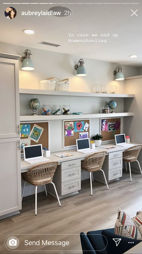 Playroom With Built In Desk, Homework Center At Home, Kids Room Double Desk, Study Room Diy Ideas, 3 Person Home Office Layout, Home Office For Three People, Home Office And Homework Room, Triple Desk Kids, Basement Homework Station