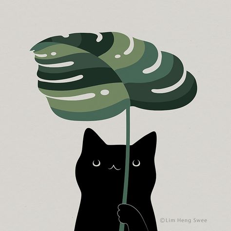 Cat + Monstera = Meowstera! Art Prints Illustration, Plant Cat Art, Illustration Art Plants, Illustration Board Design Ideas, Plants Aesthetic Art, Cool Illustration Art, Minimal Illustration Design, Monstera Plant Drawing, Cats Art Illustration