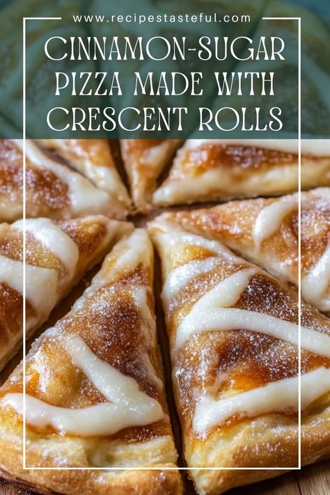 This easy and delightful dessert features a flaky crescent roll crust topped with a rich cinnamon-sugar mixture. Perfect for a quick treat or a cozy gathering, this Cinnamon-Sugar Pizza will satisfy your sweet tooth in no time! Homemade Cinnamon Rolls With Crescent, Dessert Cinnamon Crescent Rolls, Air Bake Recipes, Desert Ideas For Christmas Party, Cinnamon And Sugar Pizza, Crescent Bread Recipes, Recipes Made With Pillsbury Cinnamon Rolls, Crescent Roll Dessert Pizza, Cinnamon Stromboli Pizza Inn