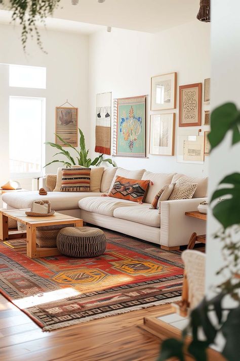 Austin Texas Living Room, Living Room Colorful Couch, Cream Couch Boho Living Room, Living Room Designs Neutral With Pop Of Color, Interior Ideas For Living Room, Boho Style Decor Living Rooms, Cream Couch Decor Ideas, Vaulted Living Room Decor, Living Room Design Boho Modern