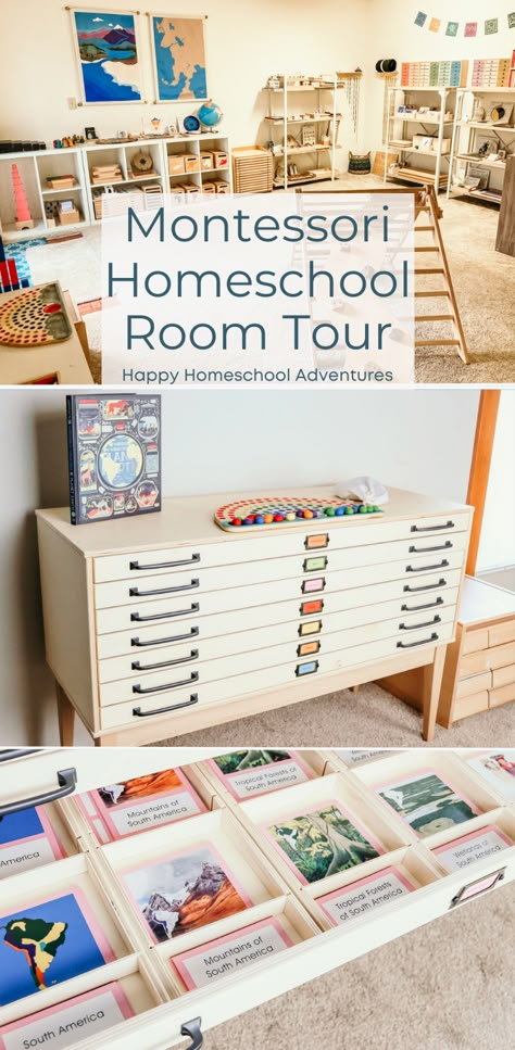 Welcome to our Montessori Homeschool Room Tour! See a homeschool setup for toddler, preschool, kindergarten, and elementary - a Montessori prepared environment with spaces for exploring sensorial, geography, language, math, and science activities. Montessori Homeschool Room, Montessori Continents, Montessori Classroom Layout, Homeschool Classroom Setup, Montessori Elementary Classroom, Science Activities For Preschoolers, Montessori Culture, Math And Science Activities, Rocking Bed