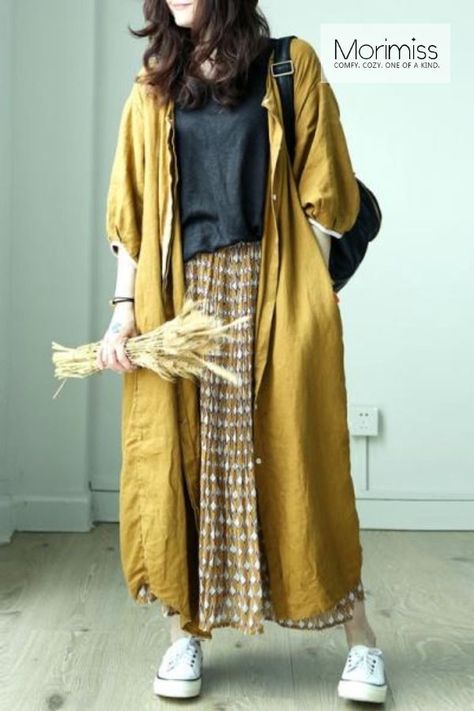 Emo Cottagecore, Dresses Linen, Pants Overalls, Plus Size Cardigan, Comfy Clothing, Mode Kimono, Loose Dresses, Yellow Cardigan, Casual Hijab Outfit