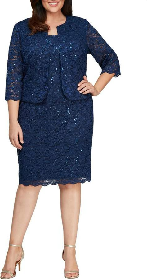 25 Plus Size Mother of the Bride Dresses Your Mom Will Rock Tea Length Formal Dresses, Lace Jacket Dress, Bride Dress Ideas, Short Semi Formal Dresses, Plus Size Lace Dress, Knee Length Lace Dress, Dress Tea Length, Navy Blue Prom Dresses, Mother Of Bride Dress