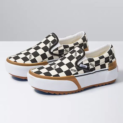 Checkerboard Slip-On Stacked | Shop Classic Shoes At Vans Platform Vans Outfit, Vans Slip On Platform, Checkered Vans Outfit, Fancy Footwear, Platform Vans, Vans Outfit, Checkered Vans, Air Shoes, Vans Checkerboard