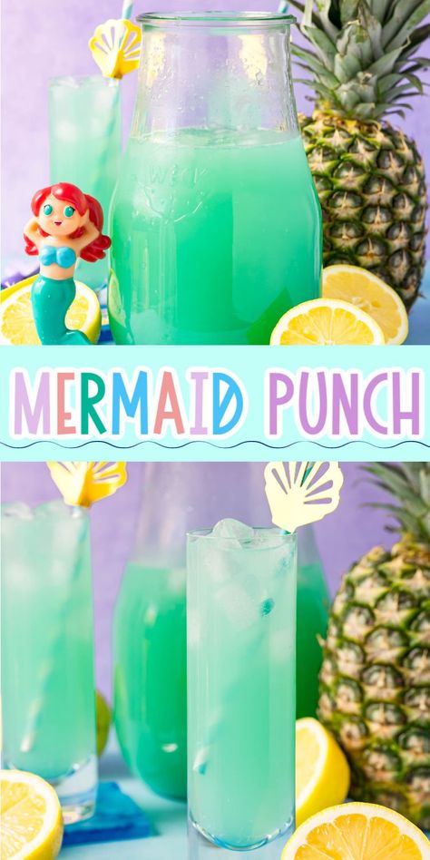 This fun mermaid punch is a blue non alcoholic drink that's perfect for an under the sea party! Mermaid Birthday Drink, Mermaid Non Alcoholic Drinks, Teal Punch Recipe Non Alcoholic, 1st Birthday Party Punch, Birthday Party Punch Recipes Non Alcoholic, Cute Summer Drinks For Kids, Luau Punch Non Alcoholic, Mermaid Drinks Alcohol, Under The Sea Party Drinks