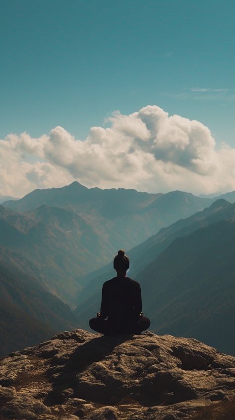 Mountain Meditation Peace: A solitary figure meditates atop a cliff, finding tranquility against a backdrop of majestic mountains. #meditation #serenity #mountains #peace #nature #solitude #tranquility #introspection #aiart #aiphoto #stockcake https://ayr.app/l/Wr5G Peaceful Life Pictures, Meditate In Nature, Nature Stock Photos, Self Awareness Pictures, Meditation Asthetic Picture, Peaceful Images Serenity, Feeling Happy Aesthetic Pictures, Find Yourself Aesthetic, Mindfullness Aesthetic Background