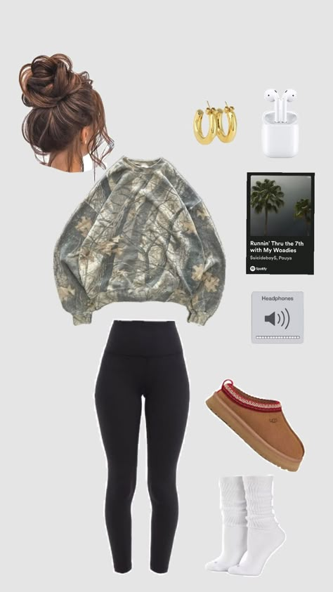 Comfy fit + Comfy tunes. #camo #outfit #$uicideboy$ #muisc Jean Jacket Outfit Inspiration, Outside Work Outfit, Nike Sweat Outfit, Outfits To Wear With Vests, Camo Baddie Outfits, Trendy Camo Outfits, Fits Ideas For School, Outfits With Camo Hoodie, How To Make Ur Jeans Fit Ur Waist