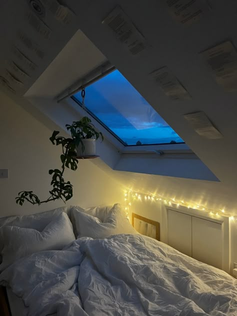 Attic Apartment Aesthetic, Bunk Bed Attic Room, Small Room Ideas Slanted Roof, Bedroom Ideas Roof Slope, Skylight Window Bedroom, Skylight Bedroom Aesthetic, Slopped Roof Bedroom Ideas, Small Loft Room Ideas Bedrooms, Room Ideas Aesthetic Loft