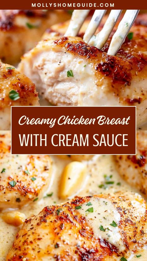 Indulge in a delicious meal tonight with this exquisite recipe for tender chicken breast with creamy sauce. The combination of juicy chicken and rich cream sauce is an irresistible treat for your taste buds. Follow this easy recipe to create a gourmet dinner at home that will impress your family and friends. Elevate your cooking game with this luxurious dish that is sure to become a favorite in your household. Creamy Chicken With Bacon, Creamy Chicken Meals, Dinner Ideas With Cream Of Chicken, Baked Chicken With Cream Sauce, Chicken With Creamy Sauce, Easy Chicken Recipes With Cream Cheese, Meals With Heavy Cream, Clean Chicken Breast Recipes, Creme Of Chicken Recipes Meals