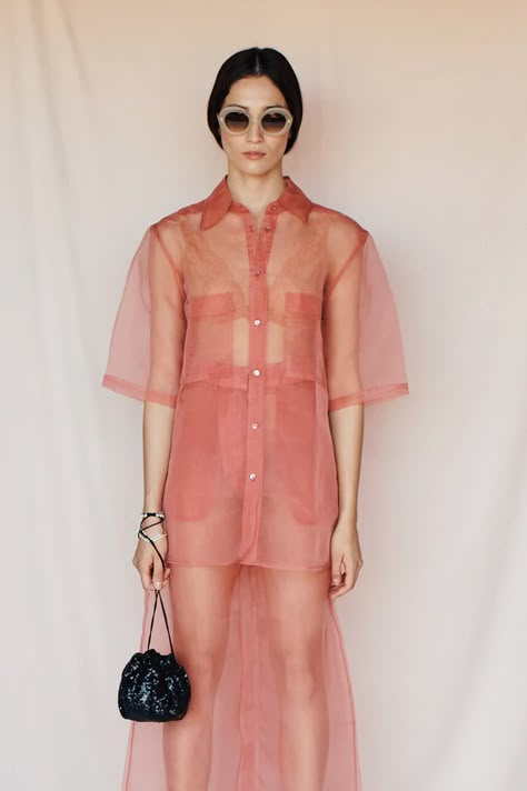 Organza Transparent Dress, Organza Shirt Outfit, Transparent Shirt Outfit, Women Barong, Campy Fashion, Transparent Outfit, Bohemian Jewels, Trousers Pattern, Dust Pink