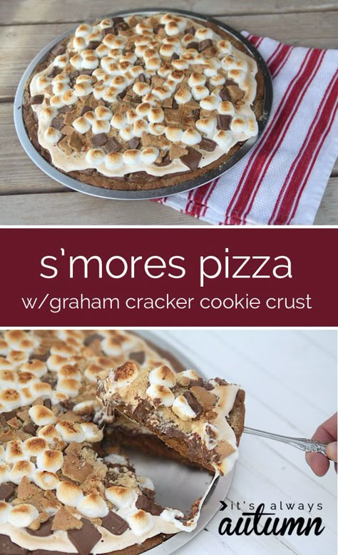 get the great taste of s'mores without the campfire with this easy bake at home s'mores pizza recipe - with a graham cracker cookie crust! Smores Pizza, Gram Cracker, Graham Cracker Recipes, Graham Cracker Cookies, Cracker Cookies, Easy Bake, Dessert Pizza, S'mores, Cookie Crust