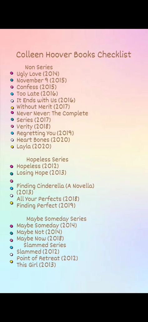 Checklist of Colleen Hoover's books Variety Colleen Hoover Book, Collen Hover Reading Order, Best Books Of Colleen Hoover, Colleen Hover Checklist, All Of Colleen Hoover Books, Coolen Hoover Books List, Colleen Hoover Books List Order, All Colleen Hoover Books List, Colleen Hoover Best Books