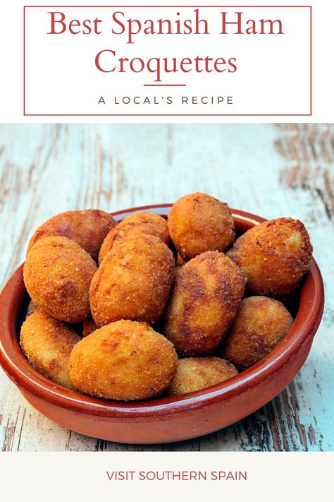 Do you want to try a Spanish Ham Croquettes Recipe? Here's our recipe for one of the most famous Spanish appetizers, the croquetas de Jamon. While visiting Spain, it's almost impossible not to eat them since they are served in every bar or supermarket in the country. The Spanish ham croquettes recipe is incredibly easy to make and requires very few ingredients yet, you'll make the tastiest Spanish tapas ever. #spanishhamcroquettes #spanishcroquettes #hamcroquettes #serranocroquettes Spanish Croquettes Recipe, Shrimp Croquettes Recipe, Spanish Salmon, Veggie Croquettes, Ham Croquettes Recipe, Spanish Croquettes, Shrimp Croquettes, Shrimp Tapas, Croquette Recipe