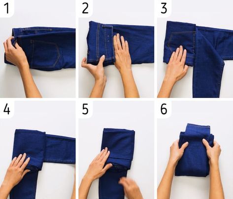 How to Fold Clothes Compactly How To Fold Blue Jeans, Roll Pants For Packing, Compact Packing Clothes, How To Fold Pants For Travel Suitcases, Packing Jeans In A Suitcase, Compact Folding Clothes, How To Fold Clothes For Packing, Best Way To Fold Clothes For Suitcase, Pack Jeans In A Suitcase