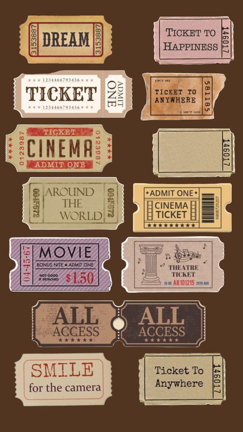 Aesthetic tickets cutouts | free illustration printable Vintage Aesthetic Stickers Printables, Vintage Ticket, Scrapbook Quotes, Emoji For Instagram, Scrapbook Printing, Free Printable Stickers, Diy Journal Books, Collage Phone Case, Travel Stickers