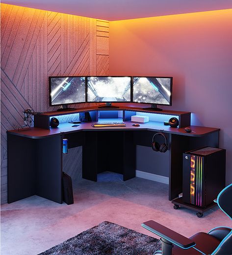 Gaming Desk Black, Corner Gaming Desk, Gaming Computer Desk, Pc Gaming Setup, Kid Desk, Corner Design, Gaming Room Setup, Gamer Room, Gaming Desk