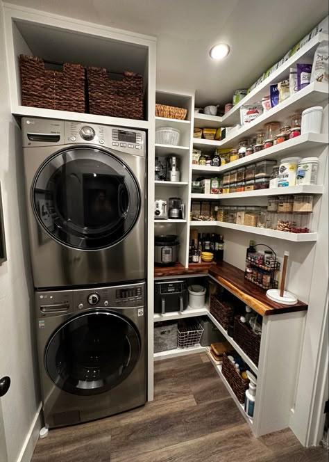 Only took me 5 years to come up with the idea of stacking my washer/dryer and squeezing a pantry into this small space, but it turned out GREAT! Couldn’t be more thrilled. Laundry Room Pantry, Small Utility Room, Closet Laundry Room, Stacked Laundry Room, Laundry Room Ideas Small Space, Small Laundry Room Makeover, Tiny Laundry Rooms, Room Pantry, Pantry Laundry Room