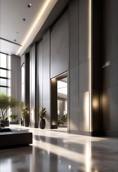 Create a realistic image in front of a large and wide entrance wall of a lobby in a residential building, the design should be modern in shades of light gray and dark gray, lighting and a large mirror#ai#design# Residential Building Entrance Lobby, Residential Lobby Design, Building Entrance Lobby, Residential Building Entrance, Residential Lobby, Building Lobby, Entrance Wall, Blue Living Room Decor, Entrance Lobby