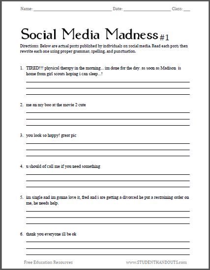 Social Media Madness Worksheets - Free to print (PDF files). Fun with grammar and punctuation for high school English students. Grammar Worksheets High School, Grammar High School, Middle School Grammar Worksheets, Middle School Grammar, 9th Grade English, Language Arts Worksheets, Homeschool Worksheets, Grammar Tips, Spelling Worksheets