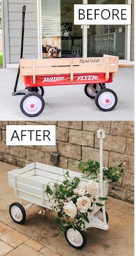 Beer Wagon Wedding, Wagon Wedding Decor, Radio Flyer Wedding Wagon Ideas, Flowergirl Wagon Ideas, Wagon Decor For Wedding, Wagon Ring Bearer, March Wedding Decorations, Wagon Ideas For Wedding, Ring Boy Wagon