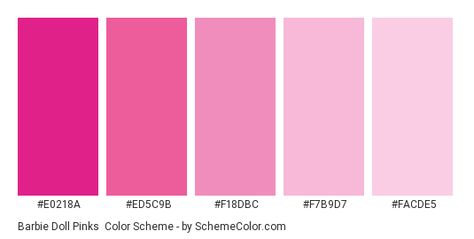 Barbie Doll Pinks - Color scheme palette thumbnail - #e0218a #ed5c9b #f18dbc #f7b9d7 #facde5 Pink Color Code, Barbie Pink Color, Movie Color Palette, Pink Paint Colors, Hexadecimal Color, Pantone Colour Palettes, Pink Raspberry, Hex Color Palette, Pink Color Schemes