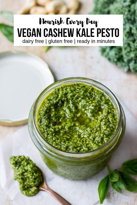 This vegan cashew kale pesto is the perfect healthy topping for your veggies, buddha bowls, pasta and so much more! Super easy to make in the blender or food processor, this will dress up any meal. @ Nourish Every Day Blog #veganpesto #kalepesto #dairyfree Cashew Basil Pesto, Kale Pesto Recipe, Vegan Pesto Recipe, Pesto Vegan, Pesto Recipes, Basil Pesto Recipes, Csa Recipes, Kale Pesto, Buddha Bowls