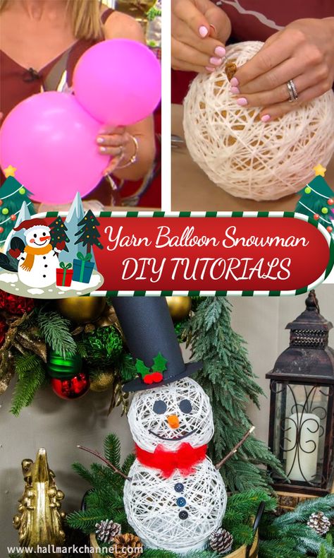 DIY Yarn Balloon Snowman tutorials - iGOODideas.com Twine Snowman Diy, Lightbulb Snowman Ornament, Christmas Ornaments With Balloons, Snowman Yarn Craft, Snowman Outside Decorations, Snowman Making Ideas, Diy Christmas Decorations Snowman, Diy Snowman Crafts Christmas Ideas, Balloon Snowman Diy