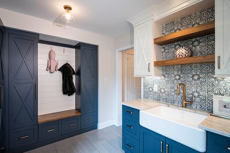 Zig Zag Wall, Laundry Renovation, Transitional Laundry Room, Laundry Room/mudroom, Mudroom Lockers, White Tile Backsplash, Landing Area, Blue Cabinets, Floating Vanity