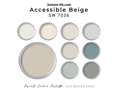 Sherwin Williams Accessible Beige paint color palette features this top-selling neutral. Unlike your average beige, Accessible Beige adds a touch of gray undertones, creating a snug and inviting atmosphere. Mix it with earthy tones for a delightful blend that's sure to please the eye. The whole house palette includes coordinating colors of soft neutrals, and smaller touches of green and blue for a cohesive overall paint color scheme. Beige Sherwin Williams, Whole House Paint Palette, Accessible Beige Sherwin Williams, House Paint Palette, Beige Paint Colors, Sherwin Williams Paint, Shoji White, Modern Palette, Accessible Beige