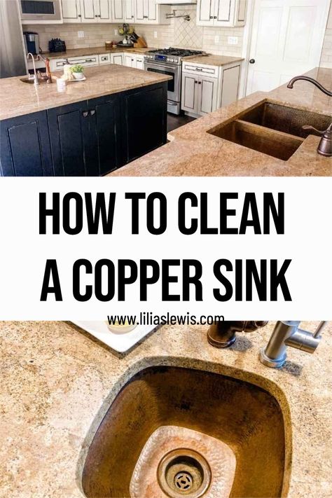 How to clean a copper sink Copper Sink With Stainless Appliances, Cleaning Copper Sinks, How To Clean Copper Sink, Kitchen With Copper Sink, Copper Handles Kitchen, Black White Kitchen Decor, Moody House, Copper Sink Care, Vintage Farmhouse Sink