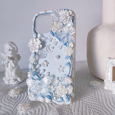 This is a handmade light blue baroque style decoden phone case, and you can choose all brand of phone models. Decoden Case, Decoden Phone Case, Handmade Phone Case, Girly Phone Cases, Kawaii Phone Case, Pretty Iphone Cases, Pretty Phone Cases, Cases Diy, Kawaii Accessories