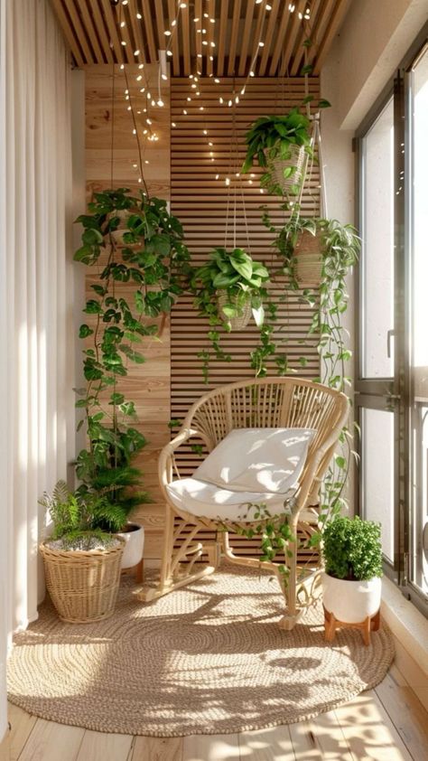 Credits to @decorwitheva Front Door Sitting Area, House Boho Decor, Balcony Rug, Balcony Decor Ideas, Balkon Decor, Indoor Balcony, Balcony Design Ideas, Tiny Balcony, Small Balcony Garden