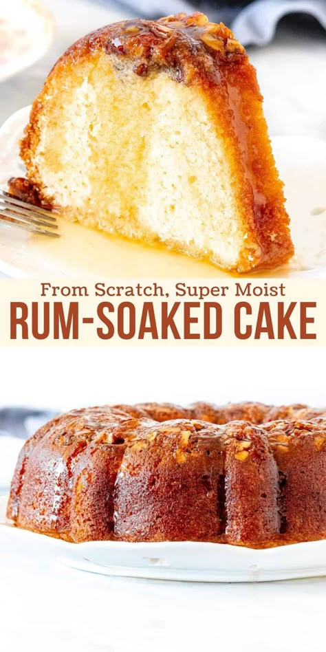 This classic rum cake is made from scratch and soaked in a delicious rum butter sauce. It's tender, flavorful and the perfect homemade version of the famous Bacardi rum cake! #rum #rumcake #pecans #fromscratch #recipe #holidays #dessert #rumsoaked from Just So Tasty Easy Rum Cake Recipe, Bacardi Rum Cake Recipe, Rum Cake From Scratch, Rum Soaked Cake, Soaked Cake, Rum Cake Recipe Easy, Bacardi Rum Cake, Rum Cakes, Rum Butter