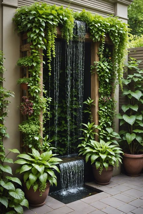 Vertical Garden With Waterfall, Side Yard Decorating Ideas, Tropical Fountain Ideas, Water Feature With Plants, Fountain Wall Outdoor, Waterfall Home Garden, Narrow Water Feature, Waterfall Garden Design, Home Water Feature