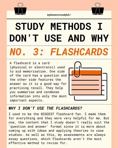 📚 study methods that I DON’T use and why 📚 • QOTD: what do you study? • 💾 𝙎𝙖𝙫𝙚 𝙖𝙣𝙙 𝙨𝙝𝙖𝙧𝙚 𝙩𝙝𝙞𝙨 𝙥𝙤𝙨𝙩 𝙛𝙤𝙧 𝙧𝙚𝙛𝙚𝙧𝙚𝙣𝙘𝙚 𝙖𝙣𝙙 𝙩𝙤 𝙝𝙚𝙡𝙥 𝙚𝙣𝙜𝙖𝙜𝙚𝙢𝙚𝙣𝙩! (𝙖𝙣𝙙 𝙛𝙤𝙡𝙡𝙤𝙬 @myhoneststudyblr 𝙛𝙤𝙧 𝙢𝙤𝙧𝙚!) • ⬅️ 𝙨𝙬𝙞𝙥𝙚 𝙩𝙤 𝙨𝙚𝙚 𝙢𝙮 𝙩𝙞𝙥𝙨 • I have done lots of posts talking about how I study and the methods I use to revise for exams. And a little while ago I shared my four favourite methods which you were all interested in! But I thought today I should share the methods that I DON’T use and why exactly they aren’t useful for m... Sin Cos, Memorization Techniques, Study Method, What To Study, Study Apps, Best Study Tips, Study Tips For Students, English Teaching Resources, College List