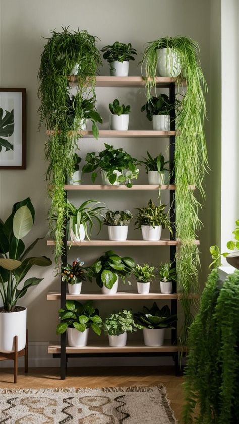 Indoor House Plants Decor Ideas, Plants Organization Indoor, Living Room Plant Decor Ideas, Plant Shelf Ideas Living Room, Plant Organization Indoor, Room Filled With Plants, Interior Design With Plants, Plants On A Shelf, House Plants Decor Indoor