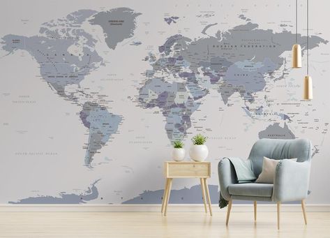 Map Wallpaper Self Adhesive Peel and Stick Political World Map | Etsy World Map Mural, Blue And White Wallpaper, Detailed World Map, Map Murals, World Map Wallpaper, Office Wallpaper, Wallpaper Purple, Navy Wallpaper, Map Wallpaper